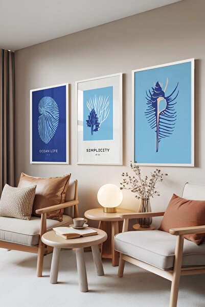 Zestia Set de 3 tablouri cu ramă albă, scoici și corali albastru oceanic, Set...