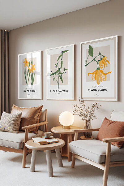 Zestia Σετ 3 πινάκων με λευκό πλαίσιο, Σειρά Floral – Κίτρινες και Πράσινες Α...