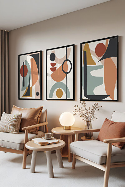 Zestia Set de 3 tablouri cu ramă neagră, figuri geometrice colorate, set pent...