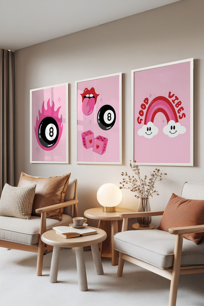 Zestia Set de 3 tablouri cu ramă albă, Good Vibes – Energie retro roz, Set pe...