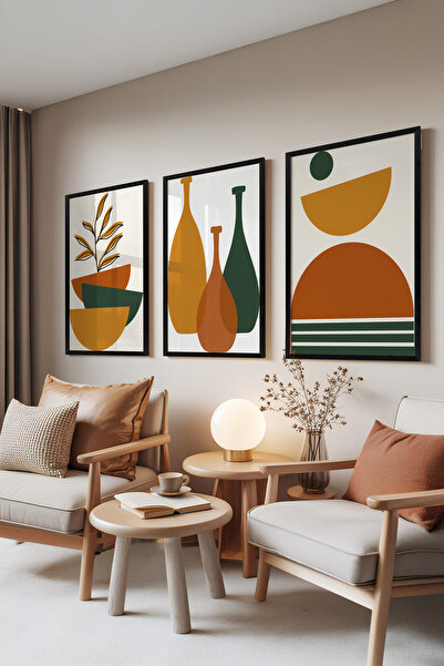 Zestia Set de 3 tablouri cu ramă neagră, vaze retro – forme minimaliste, set ...