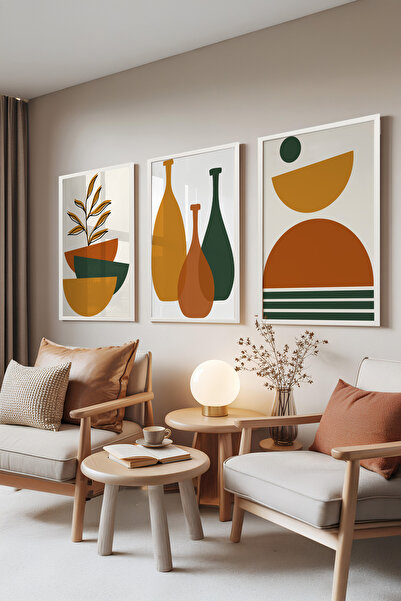Zestia Set de 3 tablouri cu ramă albă, vaze retro – forme minimaliste, set pe...