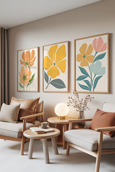 Zestia Set de 3 tablouri cu rame din lemn, flori galbene – stil botanic paste...