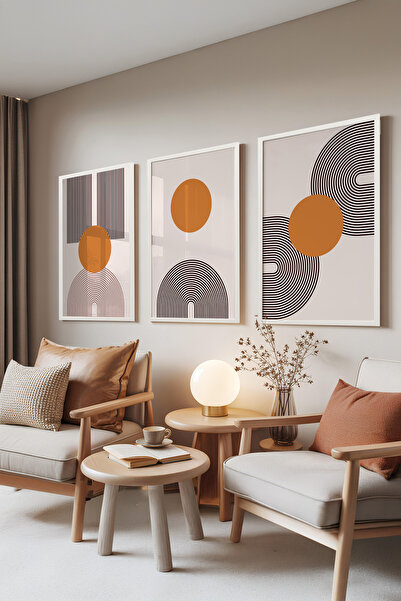 Zestia Set de 3 tablouri cu ramă albă, cercuri abstracte – tonuri calde, Set ...