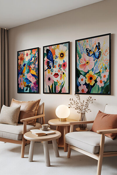 Zestia Set de 3 tablouri cu ramă neagră, fluturi și flori – Culori vibrante, ...