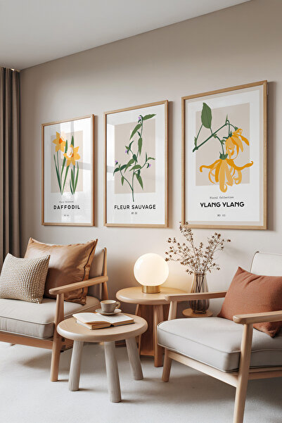 Zestia Set de 3 tablouri cu rame din lemn, Seria Florală – Tonuri de galben ș...