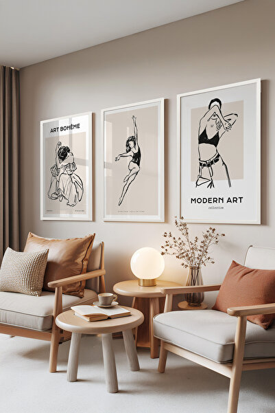 Zestia Set de 3 tablouri cu ramă albă, Linii dansante – Figuri moderne, Set d...