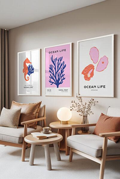 Zestia Set de 3 tablouri cu ramă albă, Ocean Life – Căluți de mare, Corali și...