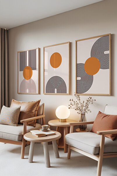 Zestia Set de 3 tablouri cu rame din lemn, cercuri abstracte – tonuri calde, ...