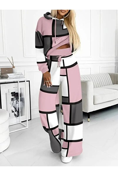 Meleners Women's Long Sleeve Hooded Lace-Up Patterned Two Thread Blouse and Pants Two-Piece Set