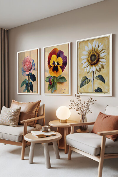 Zestia Set de 3 tablouri cu ramă albă, trandafiri și floarea-soarelui – Flori...