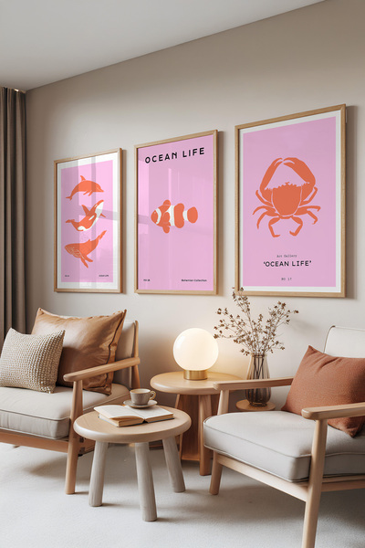 Zestia Set de 3 tablouri cu rame din lemn, Ocean Life – Colecția Creaturi Mar...