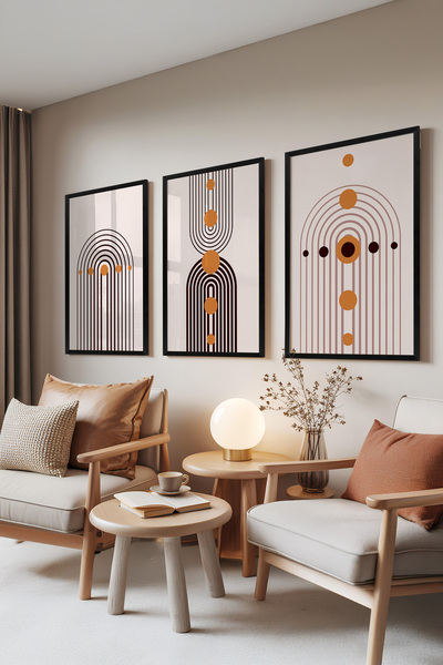 Zestia Set de 3 tablouri cu ramă neagră, arce liniare – stil geometric simplu...