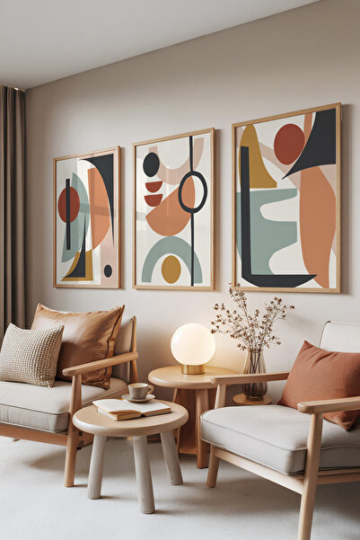 Zestia Set de 3 tablouri cu rame din lemn, figuri geometrice colorate, set pe...