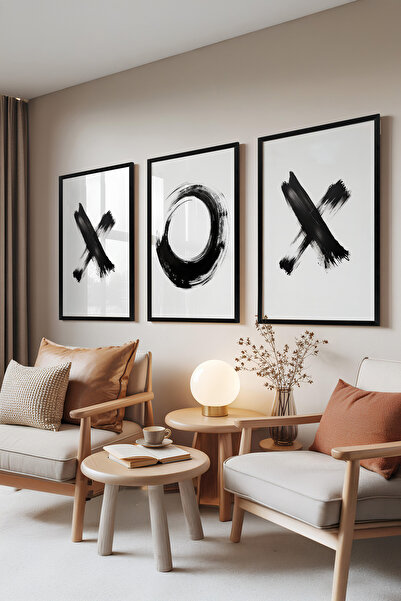 Zestia Set de 3 tablouri cu ramă neagră, modele cu pensule negre – Stil minim...