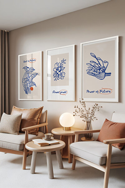 Zestia Set de 3 tablouri cu ramă albă, ilustrații cu flori albastre – Înapoi ...