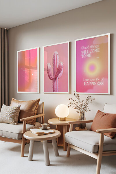 Zestia Beyaz Çerçeveli 3’lü Tablo Seti, Pembe Kaktüs ve Motivasyon Yazıları, ...