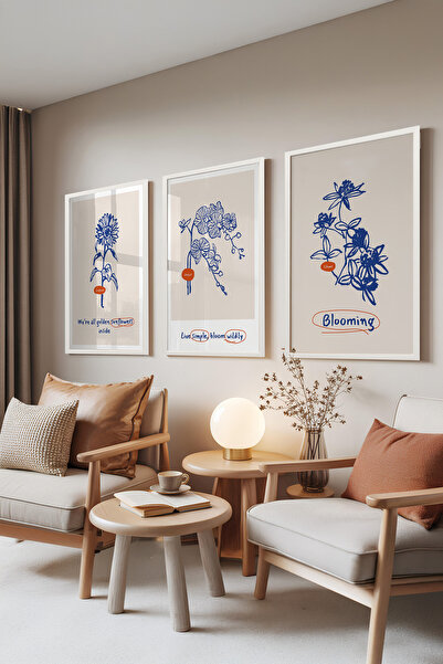 Zestia Set de 3 tablouri cu ramă albă, flori albastre desenate – Set inspirat...