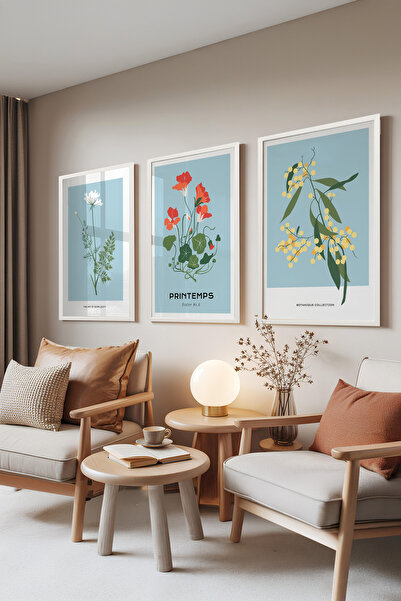 Zestia Set de 3 tablouri cu ramă albă, Printemps – Botanică pe fundal albastr...