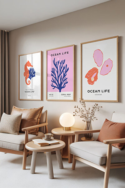 Zestia Set de 3 tablouri cu rame din lemn, Ocean Life – Căluți de mare, coral...