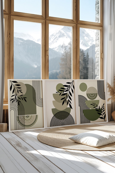 Zestia Beyaz Çerçeveli 3’lü Tablo Seti, Yeşil Minimal Yaprak Formları, Salon Set No: 30059