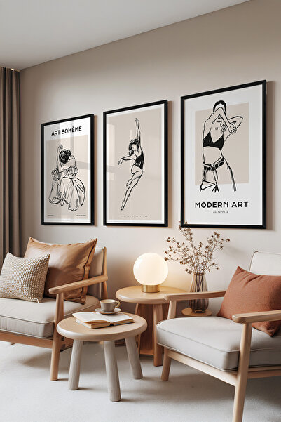 Zestia Set de 3 tablouri cu ramă neagră, Linii dansante – Figuri moderne, Set...