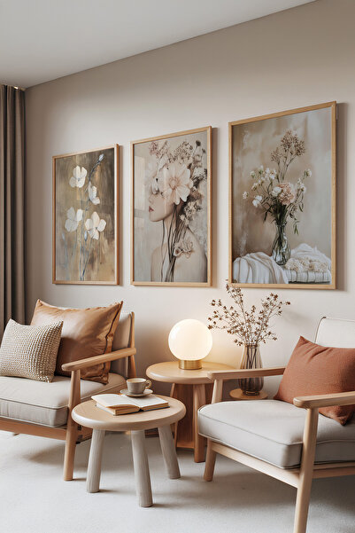 Zestia Set de 3 tablouri cu rame din lemn, Visuri florale – Femeie și flori, ...