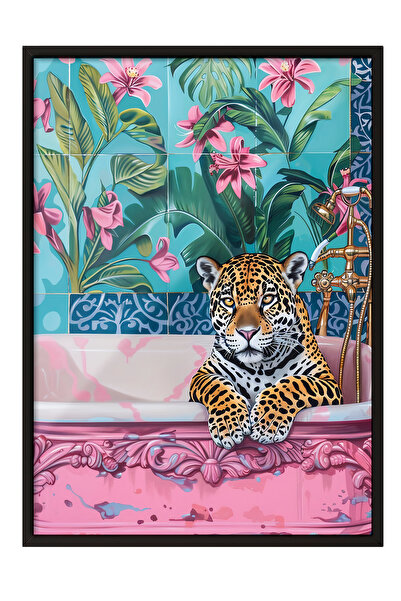 Zestia Siyah Çerçeveli Tablo, Leopar, Çiçekli Duvar Kağıdı, Dijital Sanat Pos...