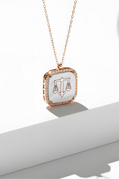 Takıdepo Zirkon Taş Süslemeli Adalet Terazisi Desenli Gümüş Kolye-rose Rengi