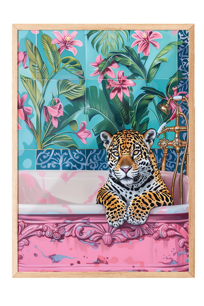 Zestia Tablou cu ramă din lemn, leopard, tapet cu flori, poster de artă digit...