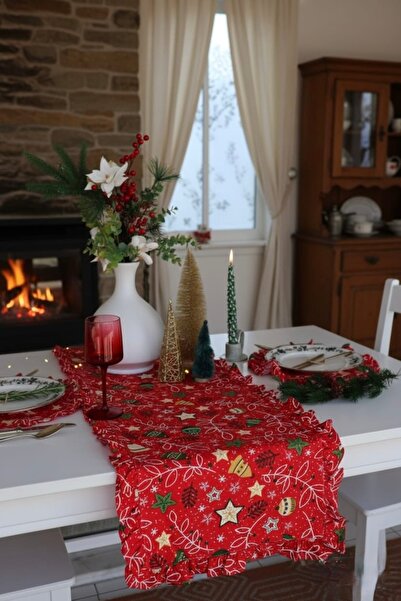 vintagetasarım Christmas Concept Runner Red Ruffled 40X130Cm Duck Linen