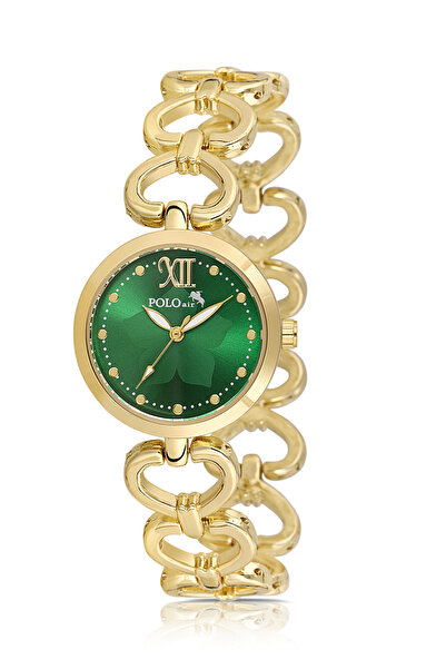 Polo Air ساعة يد نسائية بسلسلة مزينة على شكل قلب، لون ذهبي وأخضر PL-1558B1x