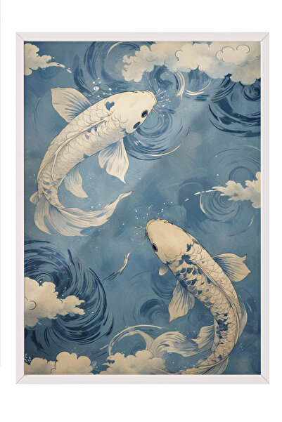 Zestia Beyaz Çerçeveli Tablo, Koi Balıkları, Japon Dalgalar Arasında, Mavi Tonlar Poster No: 107505