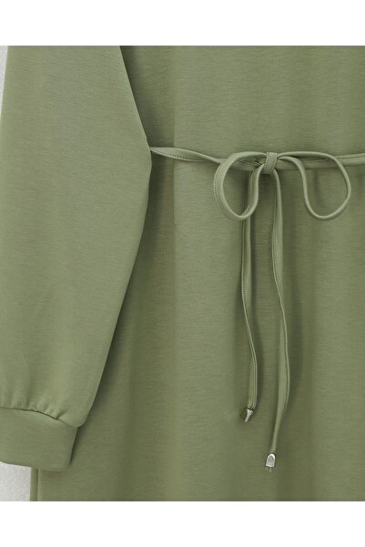 Modamorfo Round Neck Belted Long Combed Cotton Dress -Çağla Y.