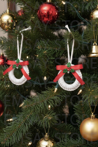 Emsay Store Mini Christmas Macrame Set of 3 Christmas Tree Ornaments with Red Ribbon