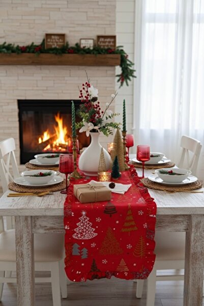 vintagetasarım Christmas Concept Runner Pine Tree with Red Ruffles 40X125Cm