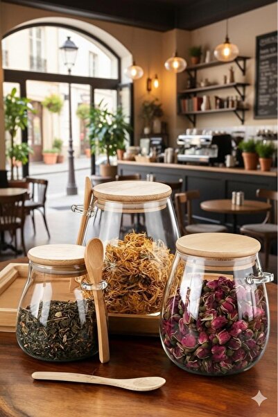 Qerhome طقم برطمان بهار من زجاج البورسليكات مكون من 3 قطع مع غطاء من الخيزران 350 -600-1000 مل