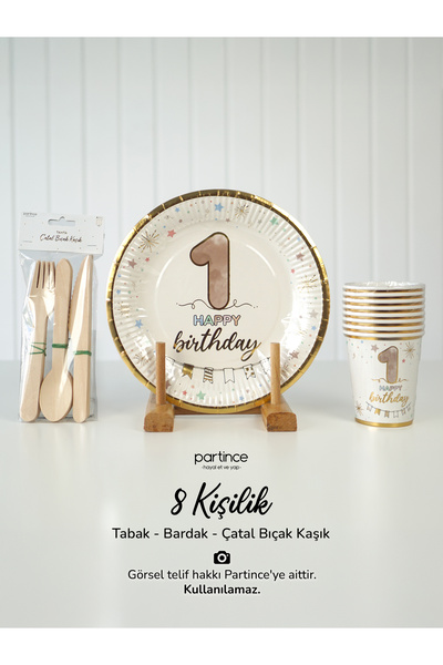 partince 8 Kişilik Gold Yaldız 1 Yaş Tabak Happy Birthday Karton Kullan At Tabak 1 Yaş Parti Seti