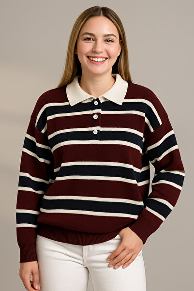 luvia34 Women's Sweater Buttoned Polo Neck Striped Oversize Knitwear Sweater
