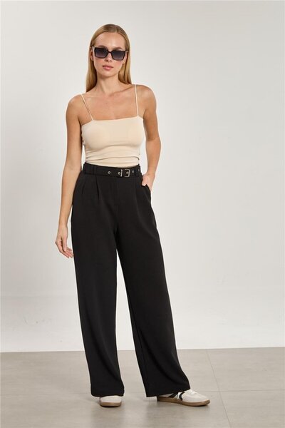 BARRELS AND OIL بنطلون نسائي واسع الساقين بحزام - أسود
