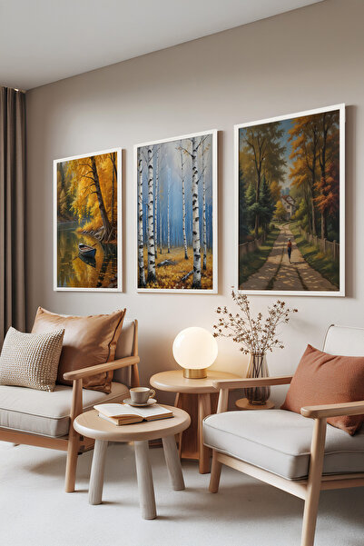 Zestia Set de 3 tablouri înrămate albe, picturi cu peisaje de toamnă – Pădure...