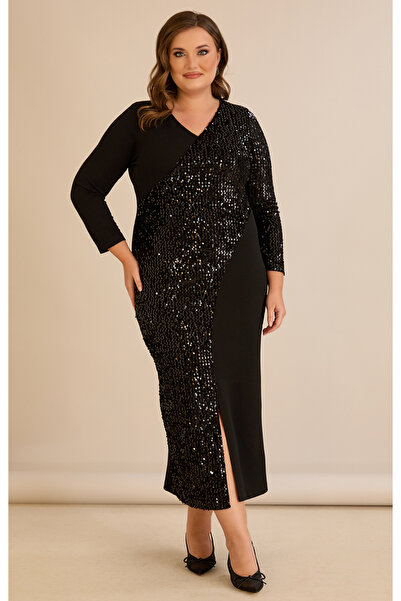 FOR ESRA BIG TREND Women's Large Size Double Breasted Collar Sequined Blocked...