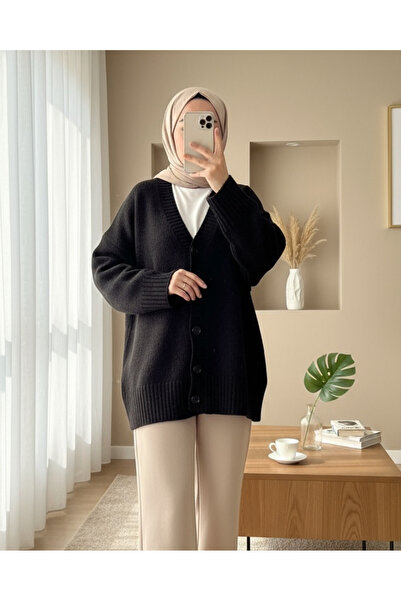 Modamorfo Buttoned Oversize Knitwear Cardigan -Black