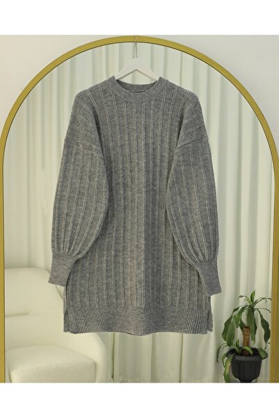 Modamorfo Corded Fabric Slit Yumoş Knitwear Tunic -Gray