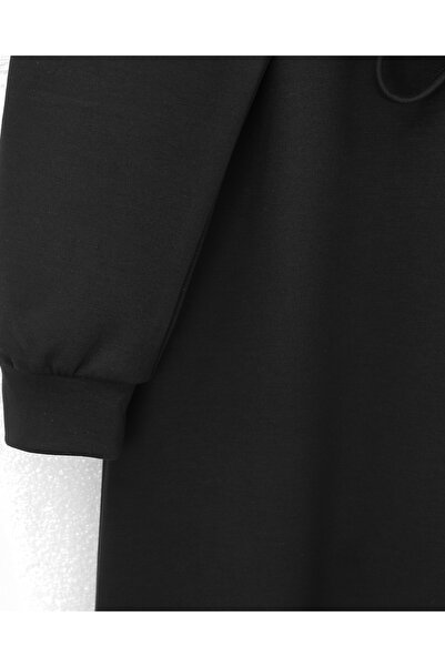 Modamorfo Round Neck Belted Long Combed Cotton Dress -Black