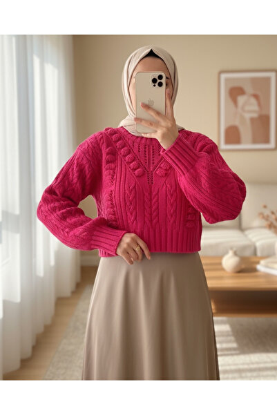 Modamorfo Embossed Patterned Lace-Like Knit Knitwear Sweater -Fuchsia