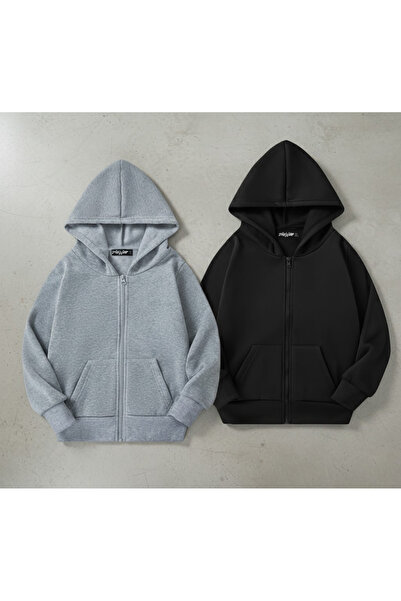 ZOKAWEAR Unisex Black-Grey 2-Piece Hooded Zippered Cardigan 2 Thread Raised