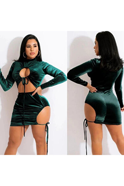 Cbm Women's long sleeve full neckline detail velvet fabric dress