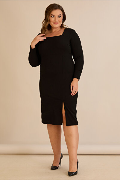 FOR ESRA BIG TREND Women's Plus Size Square Neck Front Slit Long Sleeve Stretchy Midi Length Crepe Woven Dress