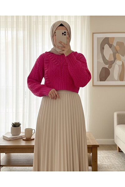 Modamorfo Embossed Patterned Lace-Like Knit Knitwear Sweater -Fuchsia